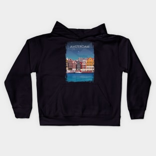 Amsterdam The Netherlands Travel Poster at Night Kids Hoodie